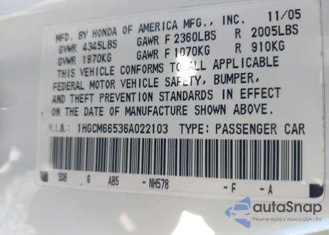 2006 Honda Accord Sdn Ex-L V6 z USA, uszkodzony, nr VIN 1HGCM66536A022103